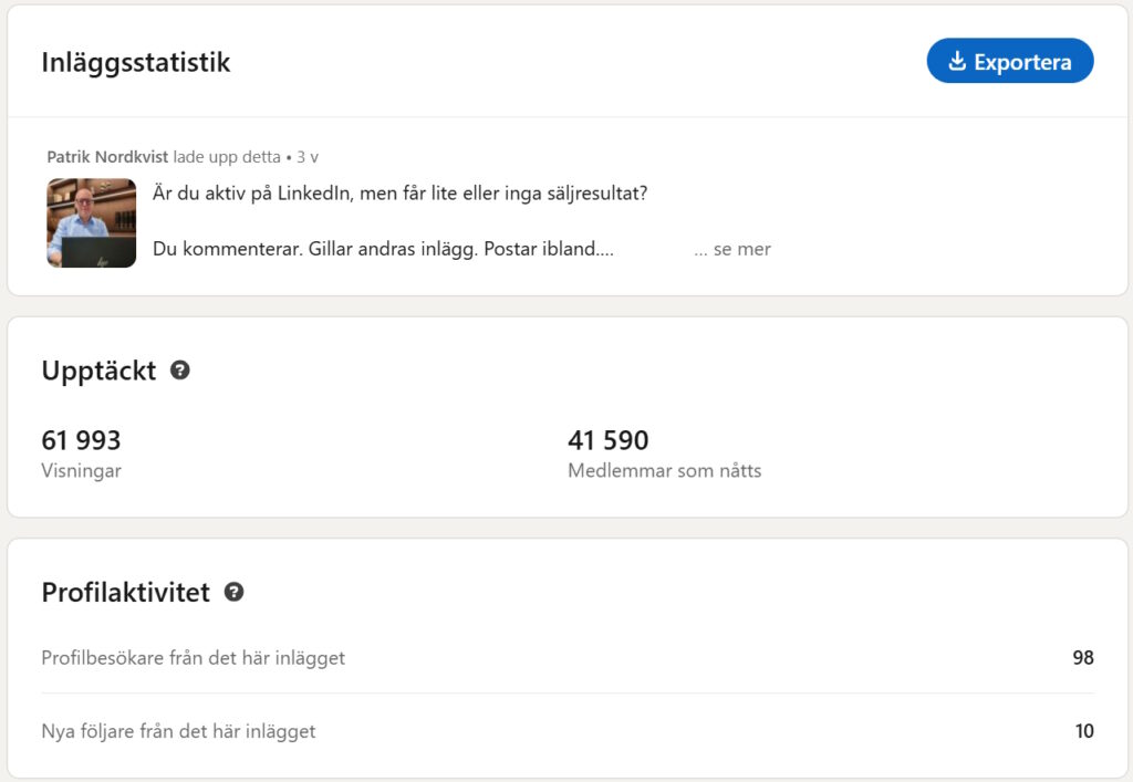 Exempel på framgångsrik LinkedIn-post med statistik – Social Selling och LinkedIn.