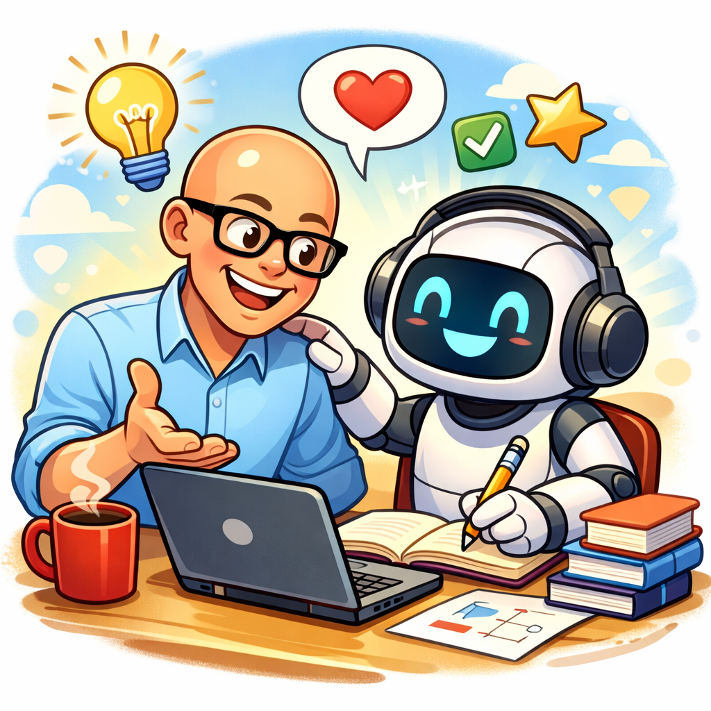 Illustration av Patrik Nordkvist som tränar på att ta emot feedback med hjälp av AI för att utveckla sin kommunikation och försäljning.