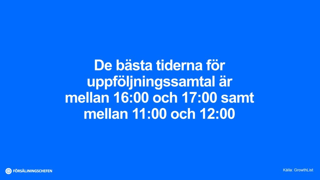 De bästa tiderna för uppföljningssamtal är mellan 16:00 och 17:00 samt mellan 11:00 och 12:00. Källa: GrowthList. Visualiserad av Försäljningschefen.