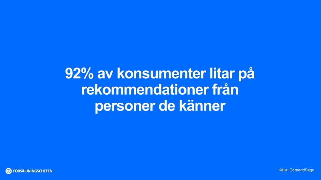 92% av konsumenter litar på rekommendationer från personer de känner. Källa: DemandSage. Visualisering: Försäljningschefen.