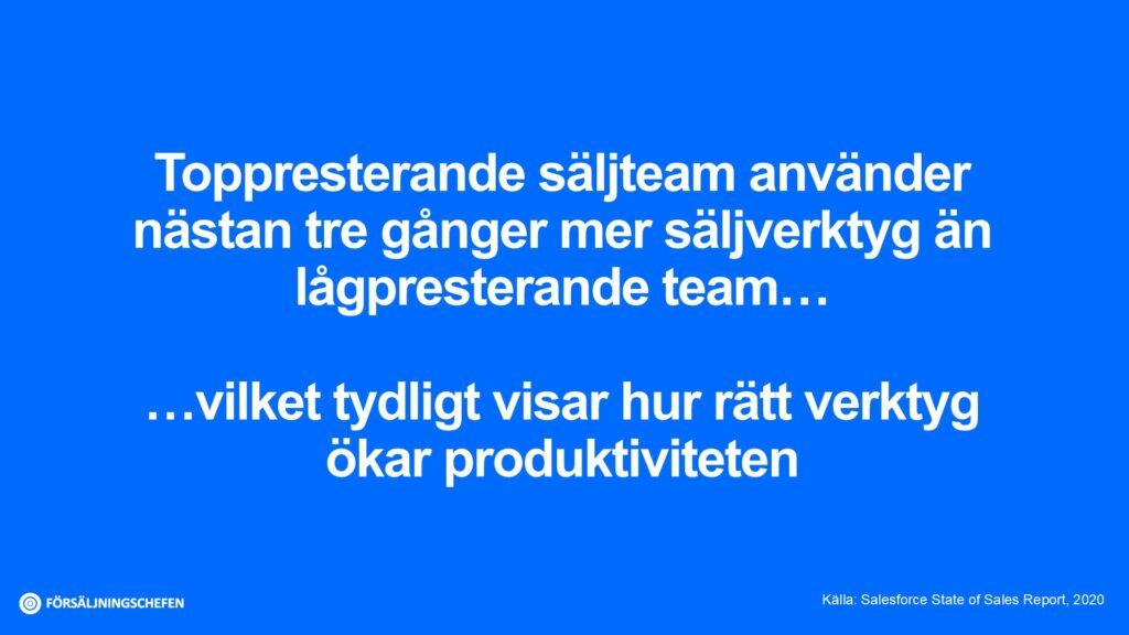 Toppresterande säljteam använder nästan tre gånger mer säljverktyg än lågpresterande team … …vilket tydligt visar hur rätt verktyg ökar produktiviteten. Källa: Salesforce State of Sales Report, 2020. Visualiserad av Försäljningschefen.