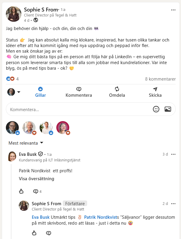 Person rekommenderar Patrik Nordkvist på LinkedIn för kunskap inom kundrelationer och försäljning