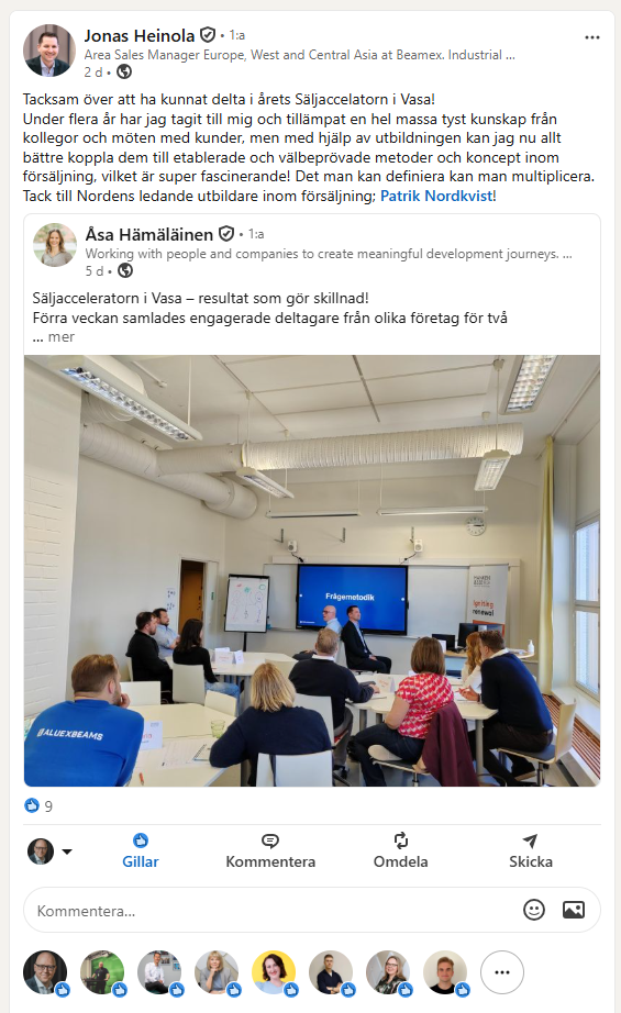 Kursdeltagare skriver i ett LinkedIn-inlägg att Patrik Nordkvist är Nordens bästa säljtränare
